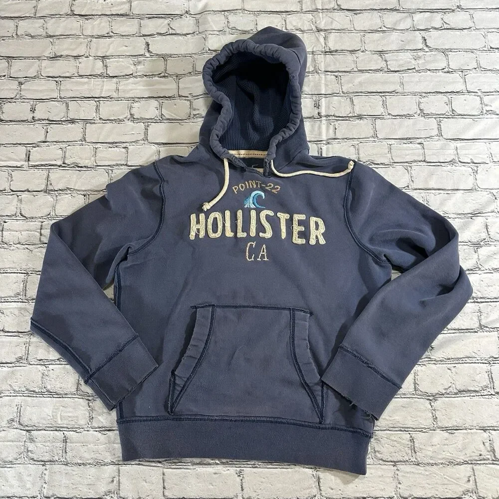 Vintage Hollister Hoodie Mens L Blue Pullover Y2K Faded Distressed